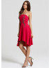 Red Satin Beads Strapless Hi-Low Prom Dress 
